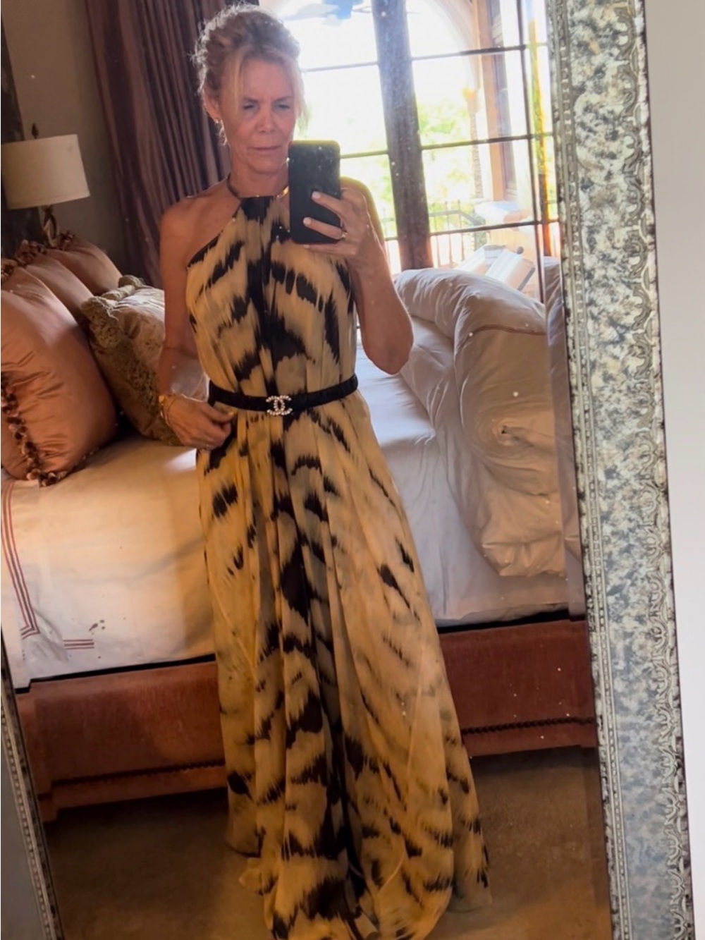 Gianfranco Ferre Tan and Black Halter Maxi Dress